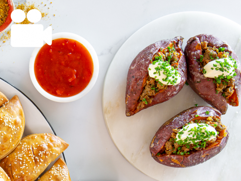 CURRIED MINCE 3 WAYS: 2 STUFFED SWEET POTATOES